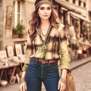 Beline Paris Vintage Sheer French Boho Sequins Snap-Up Blouse Brown Sz XL - NWOT